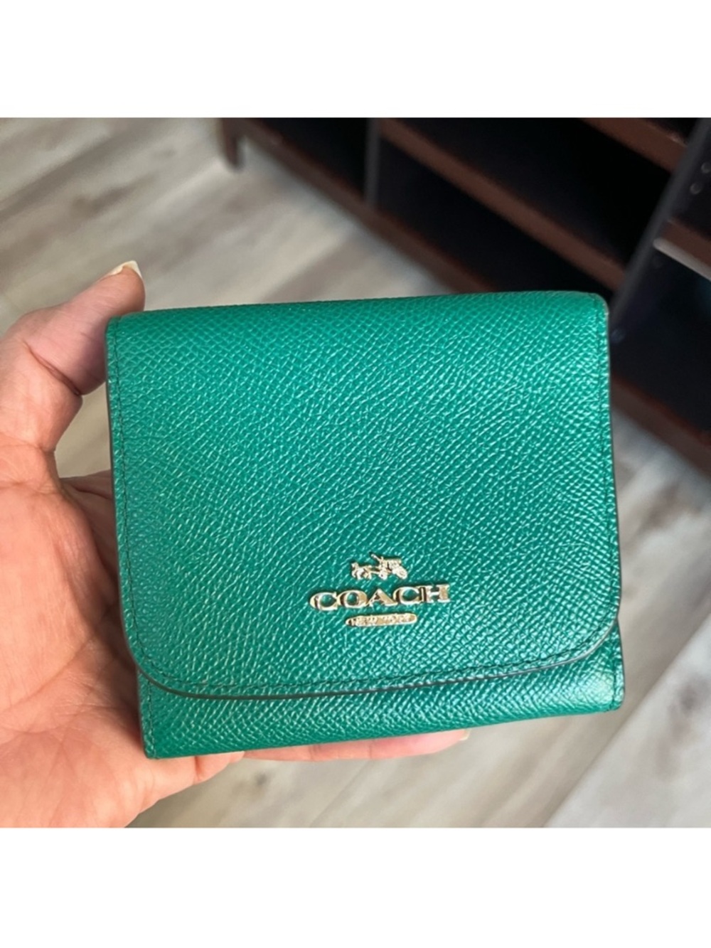 Coach Emerald Green Leather Trifold Wallet with Gold Logo